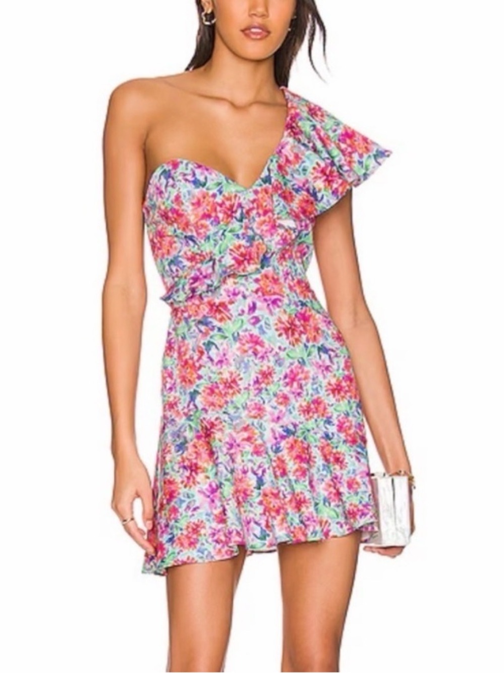Amanda Uprichard McKinnon One Shoulder Ruffle Mini Dress Women's Small Floral